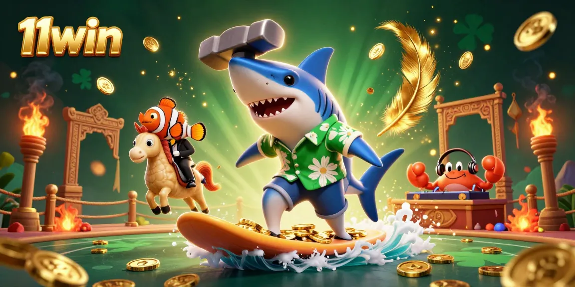 11win showcases a vibrant casino scene with a shark, clownfish, and crab DJ amongst gold coins.
