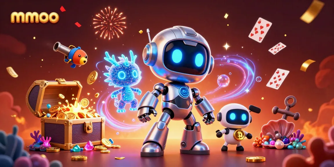 Experience the excitement of mmoo with vibrant 3D characters and casino elements in a dynamic illustration.