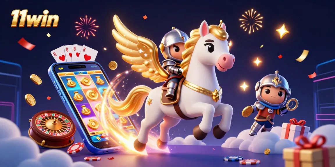 Engage with 11win's vibrant casino adventure featuring spinning slots and a dreamy horse.