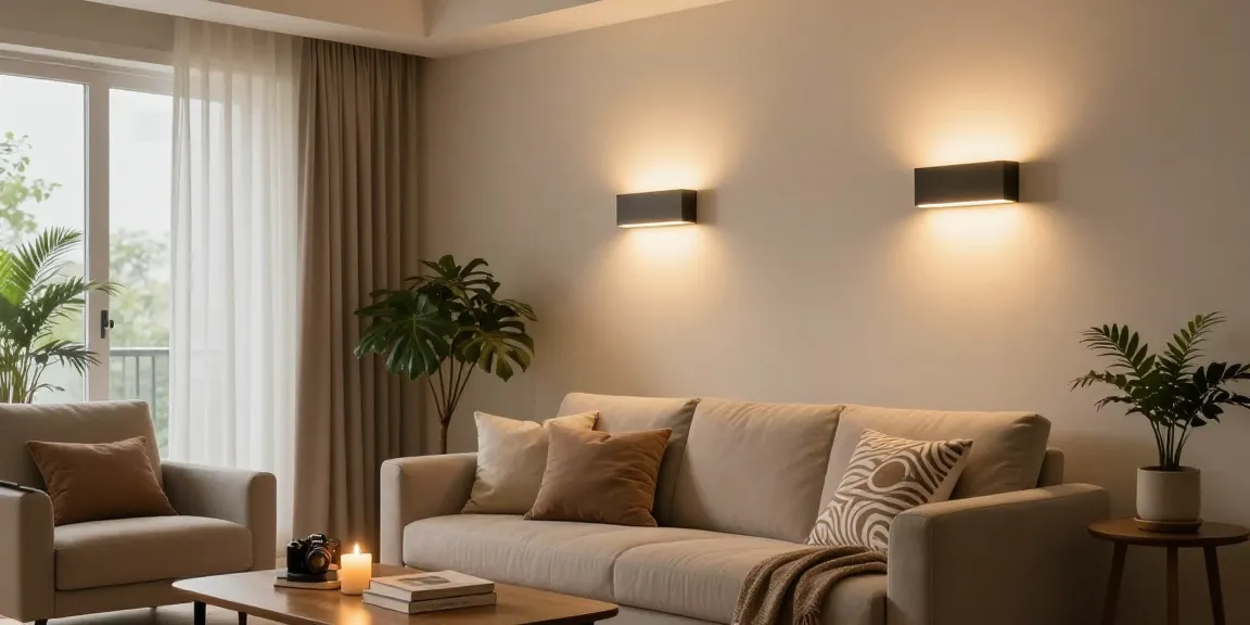 Aplice LED moderne în interiorul unui living elegant, iluminând camera cu o atmosferă caldă.