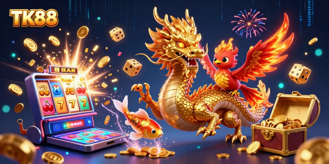 Experience thrilling gameplay at TK88 with a fiery dragon and phoenix during your jackpot adventure!