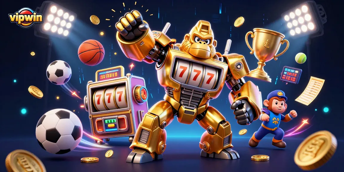 Experience thrilling gameplay with vipwin as the golden gorilla mech bursts coins in a dynamic casino scene.