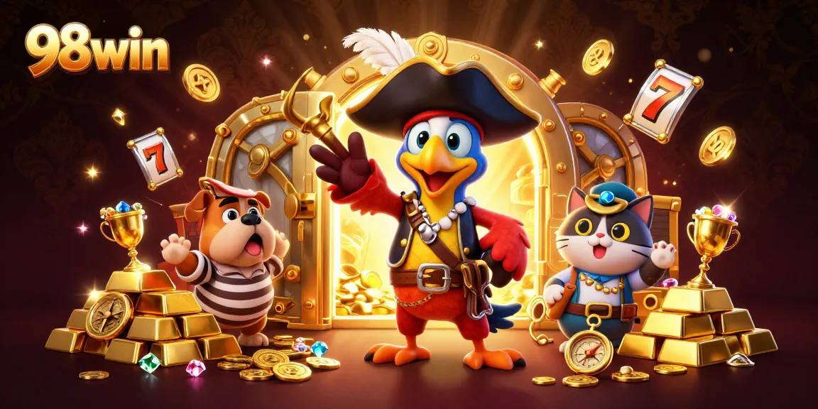 Engage with thrilling 98win adventures as pirate characters uncover treasure in this vibrant casino scene.