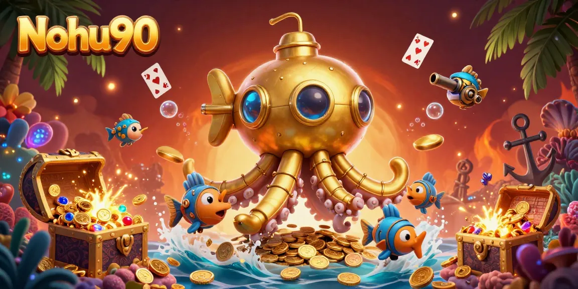 Nohu90 brings excitement with a golden kraken submarine amidst endless gold coins, showcasing dynamic underwater treasure hunting fun.