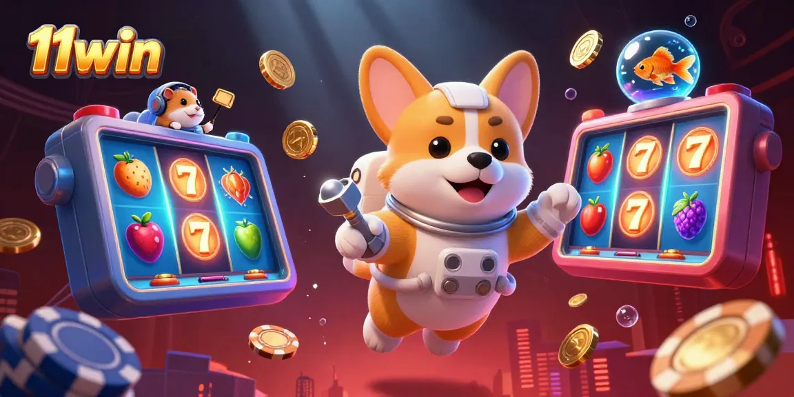 11win's thrilling casino adventure with floating slot reels and animated characters in a cosmic setting.