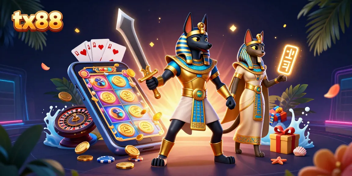 tx88 engages players with vibrant slot games featuring Anubis and Bastet in a lively casino scene.
