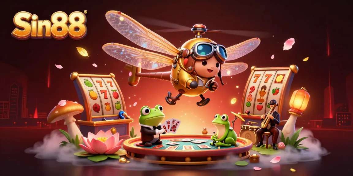 Experience Sin88's vibrant slots with dragonfly pilot and frog croupier amid dynamic gaming elements.