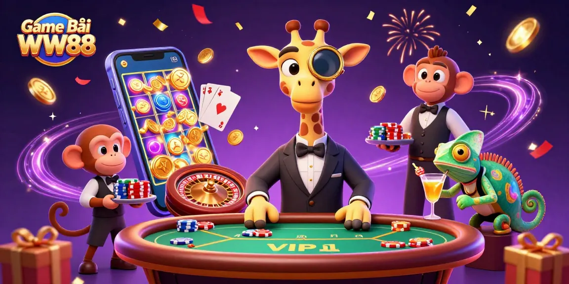 Experience exhilarating action with Game Bài WW88 and 3D cartoon characters in a vibrant casino scene.