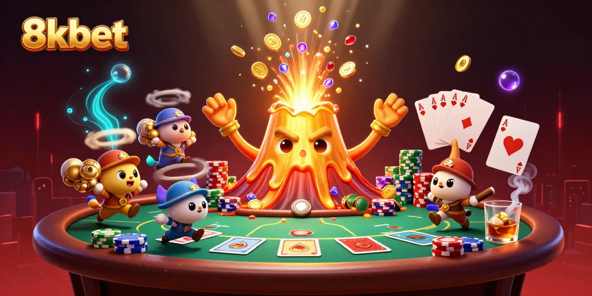 8xbet's thrilling online casino scene featuring a golden volcano erupting with treasure and poker elements.