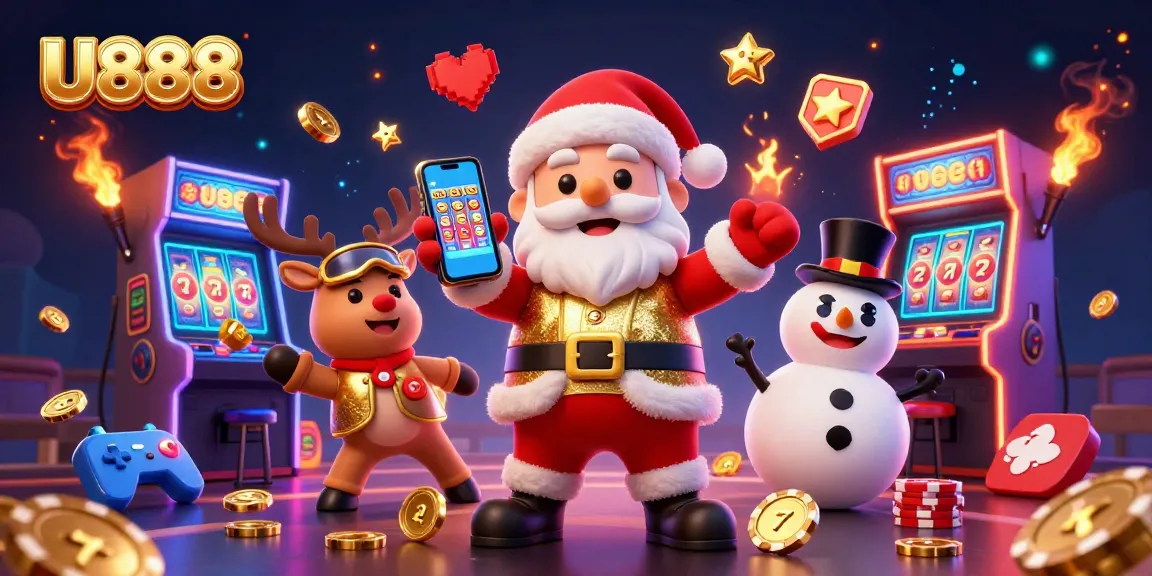 Experience a colorful U888 jackpot scene with Santa, reindeer, and snowman in a vibrant casino.