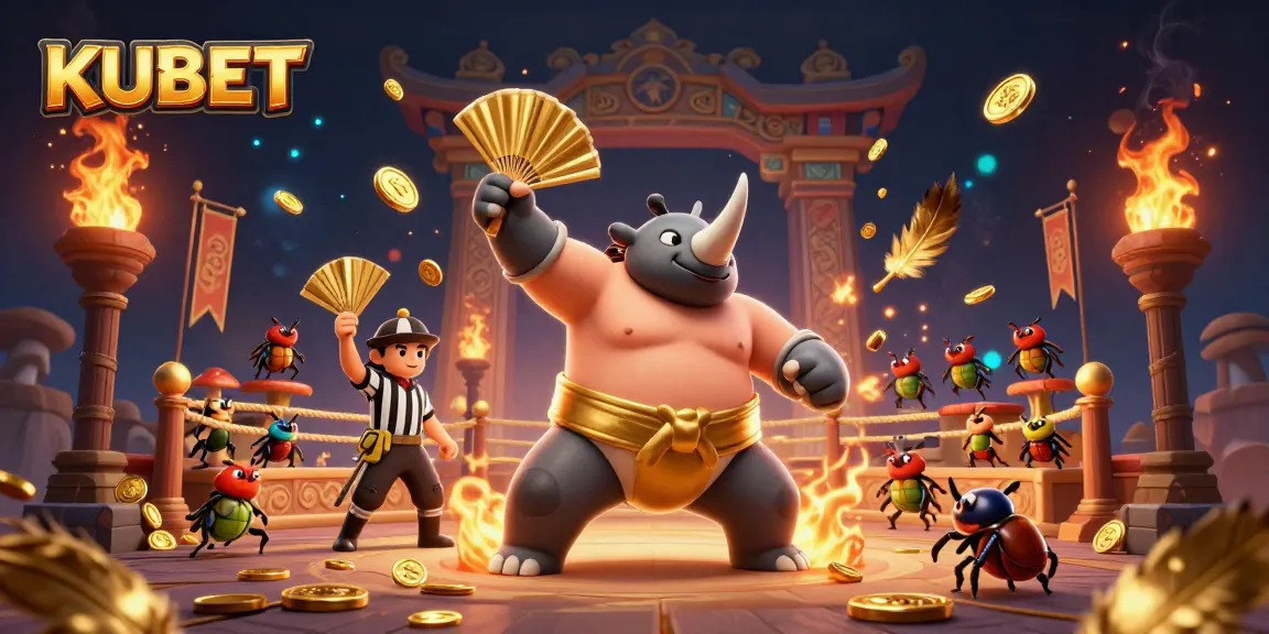 KUBET showcases its dynamic betting arena with a sumo beetle champion and lively spectators.
