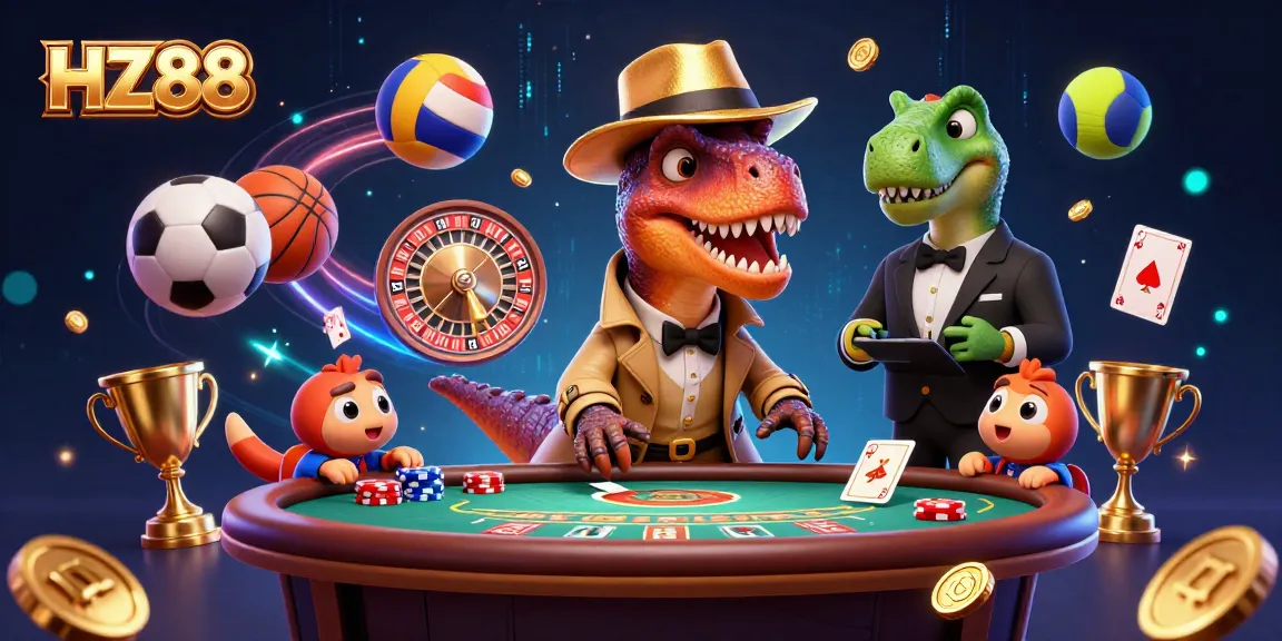 Experience thrilling bets at HZ88, featuring a velociraptor card counter and stegosaurus pit boss amidst dynamic casino action.