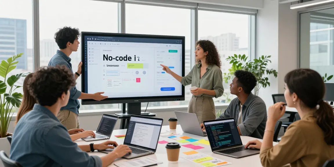 Build internal tools with AI in a modern workspace where professionals collaborate on tech solutions.