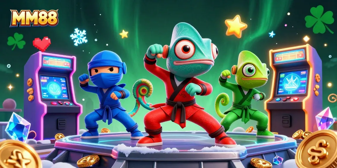 Engage with MM88 through vibrant 3D illustrations featuring a ninja chameleon team in synchronized poses.