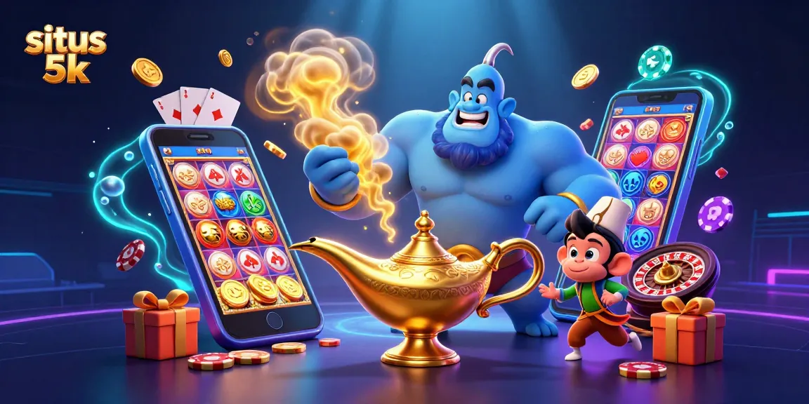 Situs 5k showcases a captivating 3D illustration with a magical genie and dynamic slot game elements, inviting players to experience exciting gaming adventures.