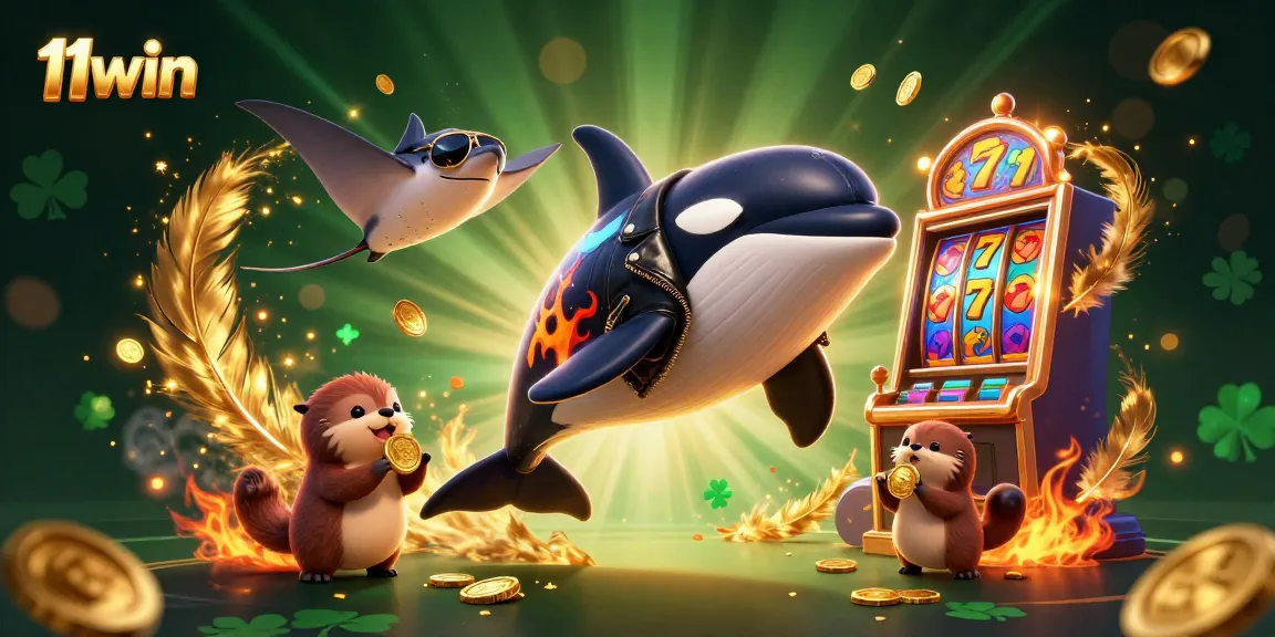 11win showcases an exciting casino scene with dynamic characters and vibrant slot machines.
